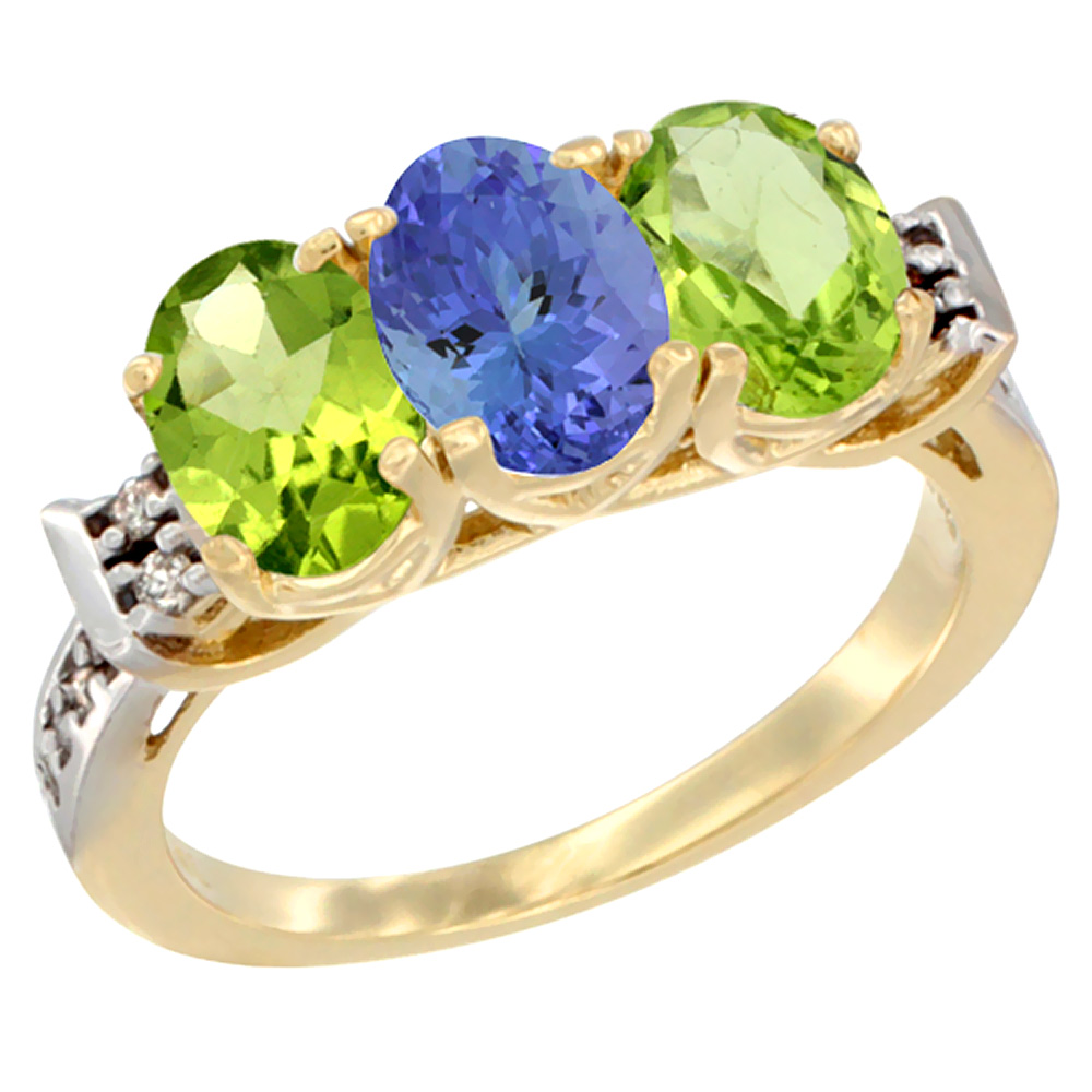 10K Yellow Gold Natural Tanzanite & Peridot Sides Ring 3-Stone Oval 7x5 mm Diamond Accent, sizes 5 - 10