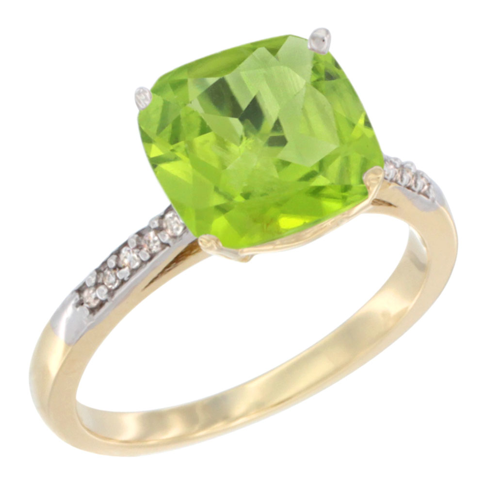 10K Yellow Gold Natural Peridot Ring Cushion-cut 9 mm Diamond accent, sizes 5 - 10