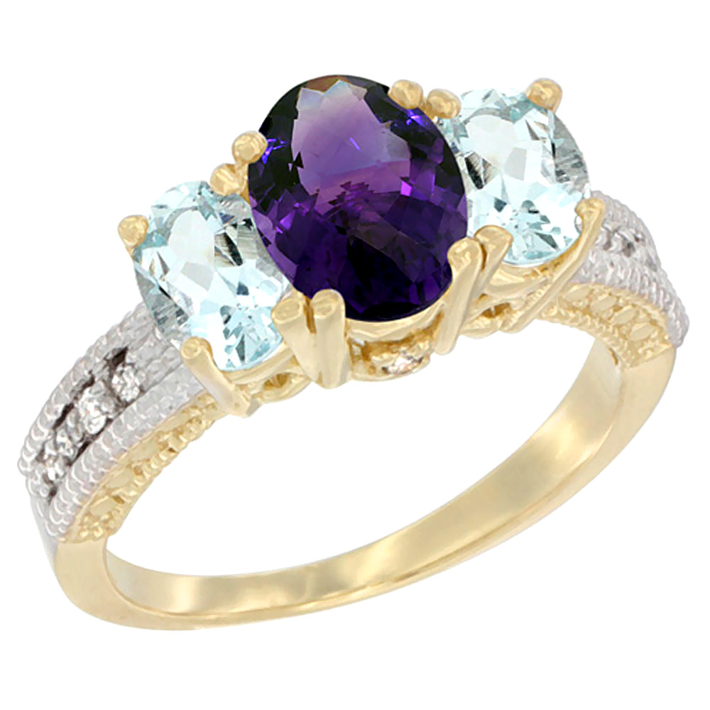 10K Yellow Gold Diamond Natural Amethyst Ring Oval 3-stone with Aquamarine, sizes 5 - 10