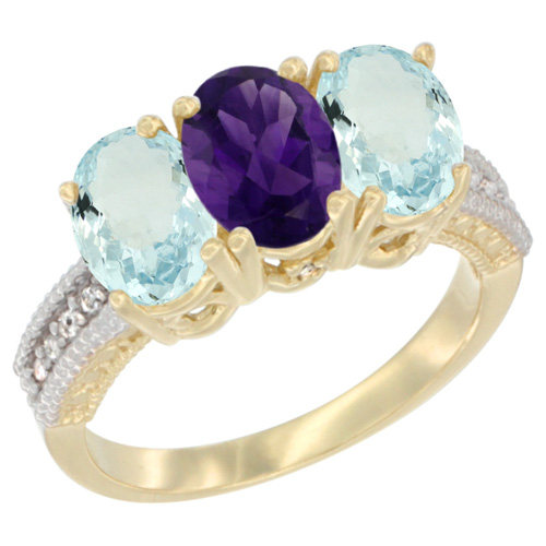 10K Yellow Gold Natural Amethyst & Aquamarine Ring 3-Stone Oval 7x5 mm, sizes 5 - 10