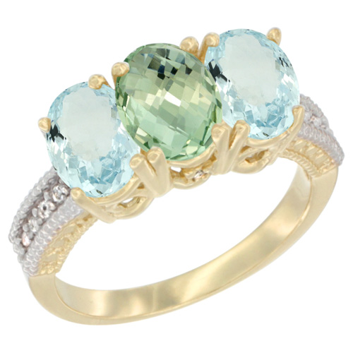 10K Yellow Gold Natural Green Amethyst & Aquamarine Ring 3-Stone Oval 7x5 mm, sizes 5 - 10