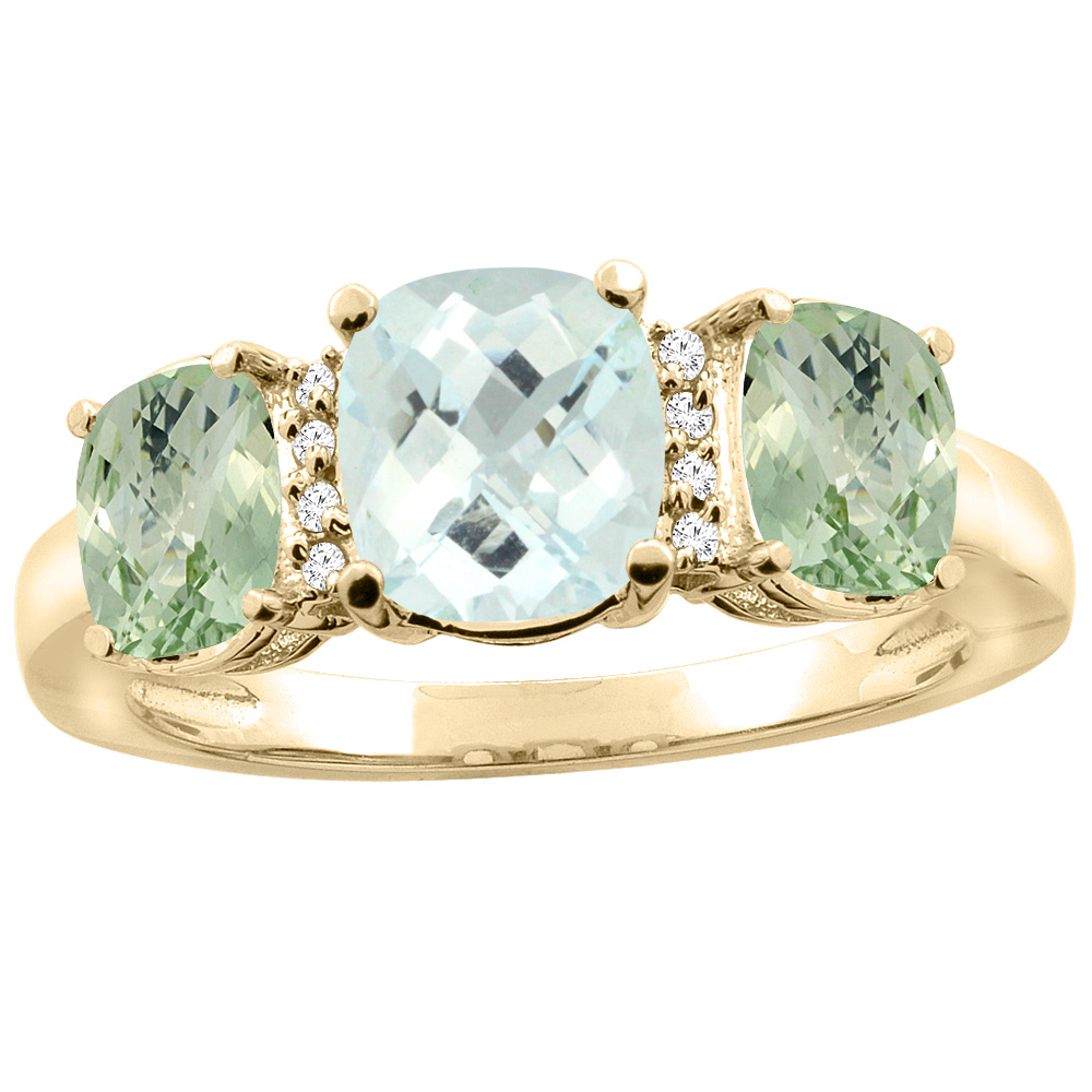 10K Yellow Gold Natural Aquamarine & Green Amethyst 3-Stone Ring Cushion 8x6mm Diamond Accent, sizes 5 - 10