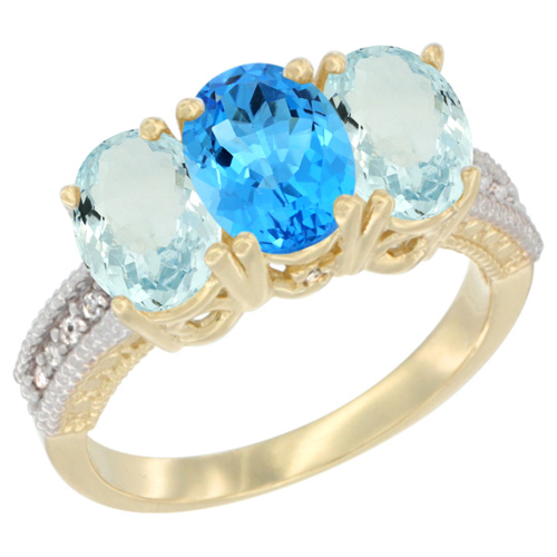 14K Yellow Gold Natural Swiss Blue Topaz & Aquamarine Sides Ring 3-Stone Oval 7x5 mm Diamond Accent, sizes 5 - 10