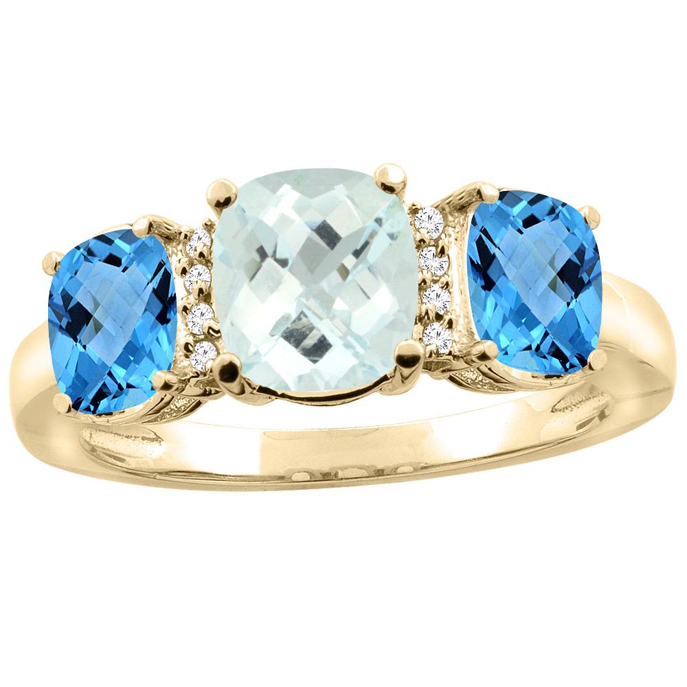 14K Yellow Gold Natural Aquamarine & Swiss Blue Topaz 3-stone Ring Cushion 8x6mm Diamond Accent, sizes 5 - 10