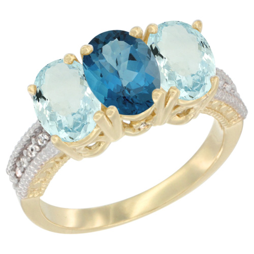 10K Yellow Gold Natural London Blue Topaz & Aquamarine Ring 3-Stone Oval 7x5 mm, sizes 5 - 10