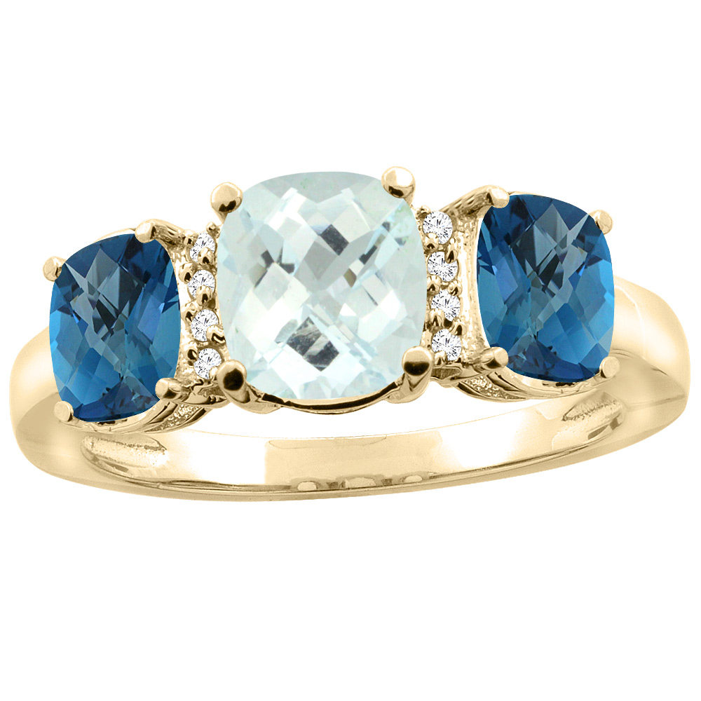 10K Yellow Gold Natural Aquamarine & London Blue Topaz 3-stone Ring Cushion 8x6mm Diamond Accent, sizes 5 - 10