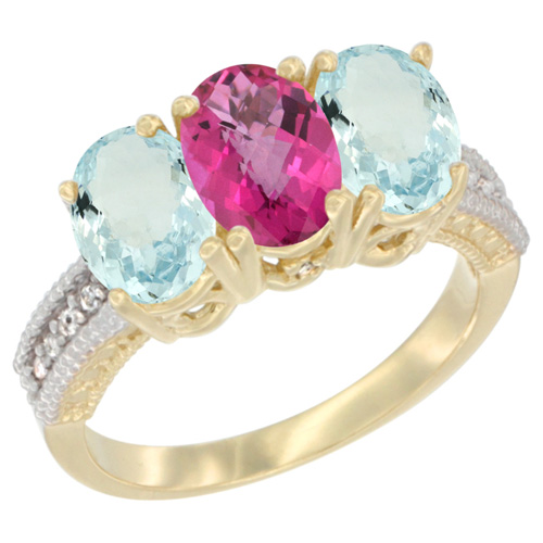 10K Yellow Gold Natural Pink Topaz & Aquamarine Ring 3-Stone Oval 7x5 mm, sizes 5 - 10