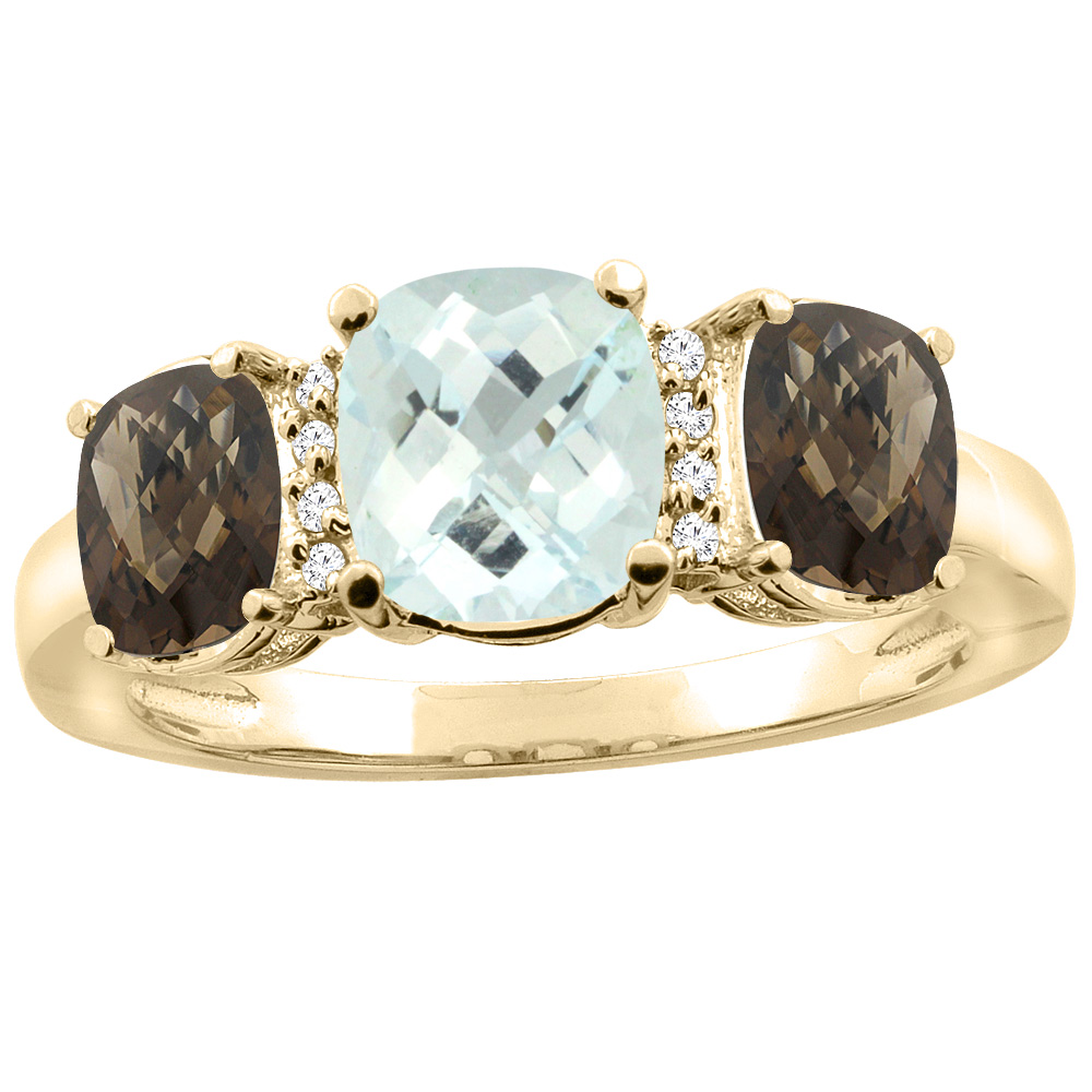 14K Yellow Gold Natural Aquamarine & Smoky Topaz 3-stone Ring Cushion 8x6mm Diamond Accent, sizes 5 - 10