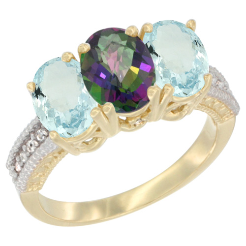 14K Yellow Gold Natural Mystic Topaz & Aquamarine Sides Ring 3-Stone Oval 7x5 mm Diamond Accent, sizes 5 - 10