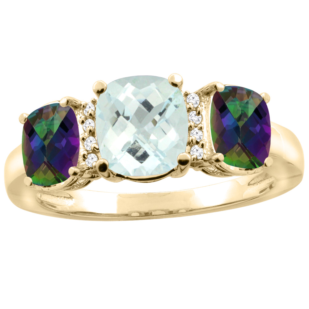 14K Yellow Gold Natural Aquamarine & Mystic Topaz 3-stone Ring Cushion 8x6mm Diamond Accent, sizes 5 - 10