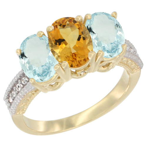 10K Yellow Gold Natural Citrine & Aquamarine Ring 3-Stone Oval 7x5 mm, sizes 5 - 10