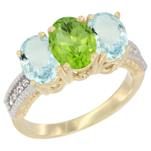 14K Yellow Gold Natural Peridot & Aquamarine Sides Ring 3-Stone Oval 7x5 mm Diamond Accent, sizes 5 - 10