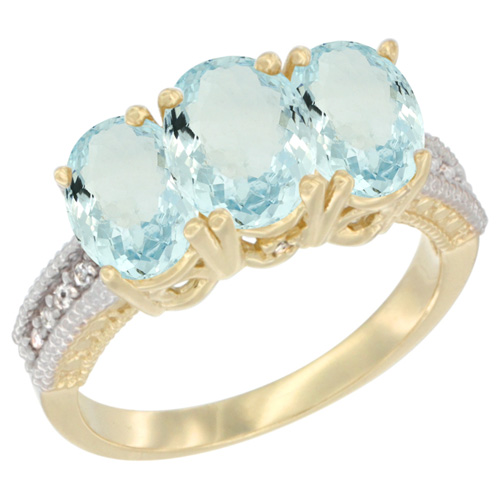10K Yellow Gold Natural Aquamarine Ring 3-Stone Oval 7x5 mm, sizes 5 - 10