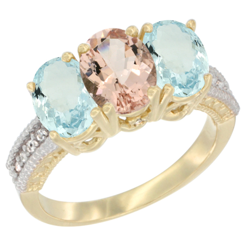 14K Yellow Gold Natural Morganite & Aquamarine Sides Ring 3-Stone Oval 7x5 mm Diamond Accent, sizes 5 - 10