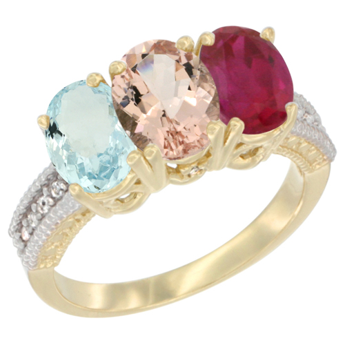 14K Yellow Gold Natural Aquamarine, Morganite & Enhanced Ruby Ring 3-Stone Oval 7x5 mm Diamond Accent, sizes 5 - 10