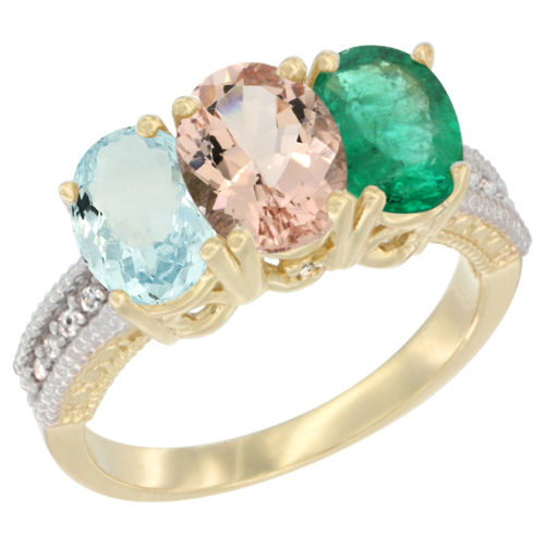 14K Yellow Gold Natural Aquamarine, Morganite & Emerald Ring 3-Stone Oval 7x5 mm Diamond Accent, sizes 5 - 10