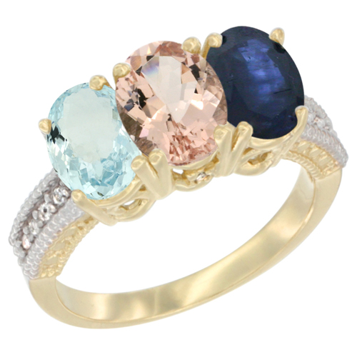14K Yellow Gold Natural Aquamarine, Morganite & Blue Sapphire Ring 3-Stone Oval 7x5 mm Diamond Accent, sizes 5 - 10