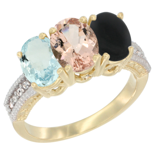 14K Yellow Gold Natural Aquamarine, Morganite & Black Onyx Ring 3-Stone Oval 7x5 mm Diamond Accent, sizes 5 - 10