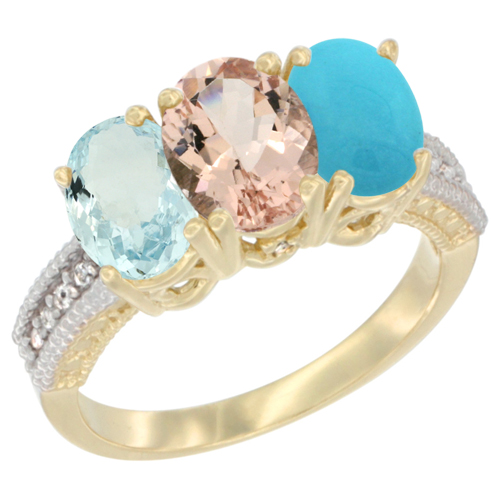 14K Yellow Gold Natural Aquamarine, Morganite & Turquoise Ring 3-Stone Oval 7x5 mm Diamond Accent, sizes 5 - 10