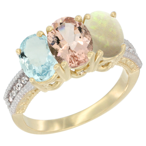 14K Yellow Gold Natural Aquamarine, Morganite & Opal Ring 3-Stone Oval 7x5 mm Diamond Accent, sizes 5 - 10