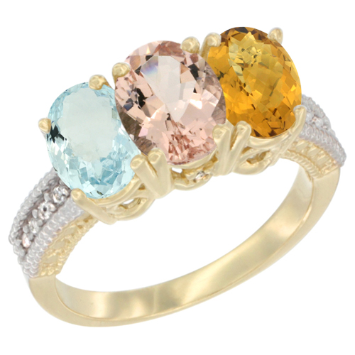 14K Yellow Gold Natural Aquamarine, Morganite & Whisky Quartz Ring 3-Stone Oval 7x5 mm Diamond Accent, sizes 5 - 10