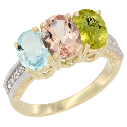 14K Yellow Gold Natural Aquamarine, Morganite & Lemon Quartz Ring 3-Stone Oval 7x5 mm Diamond Accent, sizes 5 - 10