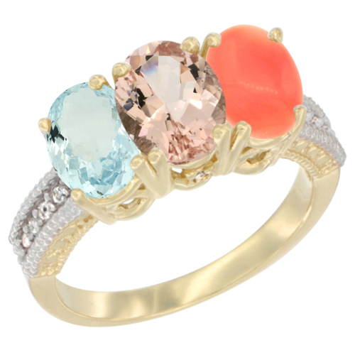 14K Yellow Gold Natural Aquamarine, Morganite & Coral Ring 3-Stone Oval 7x5 mm Diamond Accent, sizes 5 - 10