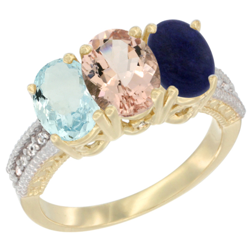 14K Yellow Gold Natural Aquamarine, Morganite & Lapis Ring 3-Stone Oval 7x5 mm Diamond Accent, sizes 5 - 10