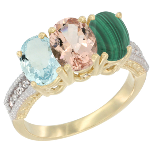 14K Yellow Gold Natural Aquamarine, Morganite & Malachite Ring 3-Stone Oval 7x5 mm Diamond Accent, sizes 5 - 10