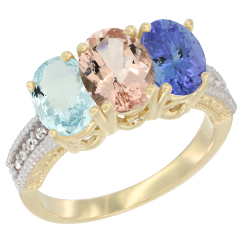 14K Yellow Gold Natural Aquamarine, Morganite & Tanzanite Ring 3-Stone Oval 7x5 mm Diamond Accent, sizes 5 - 10