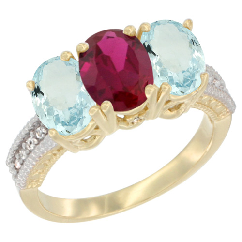 14K Yellow Gold Enhanced Enhanced Ruby & Natural Aquamarine Sides Ring 3-Stone Oval 7x5 mm Diamond Accent, sizes 5 - 10