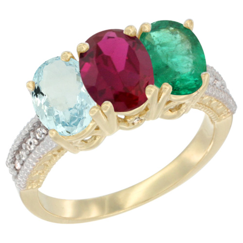 14K Yellow Gold Natural Aquamarine, Enhanced Ruby & Natural Emerald Ring 3-Stone Oval 7x5 mm Diamond Accent, sizes 5 - 10
