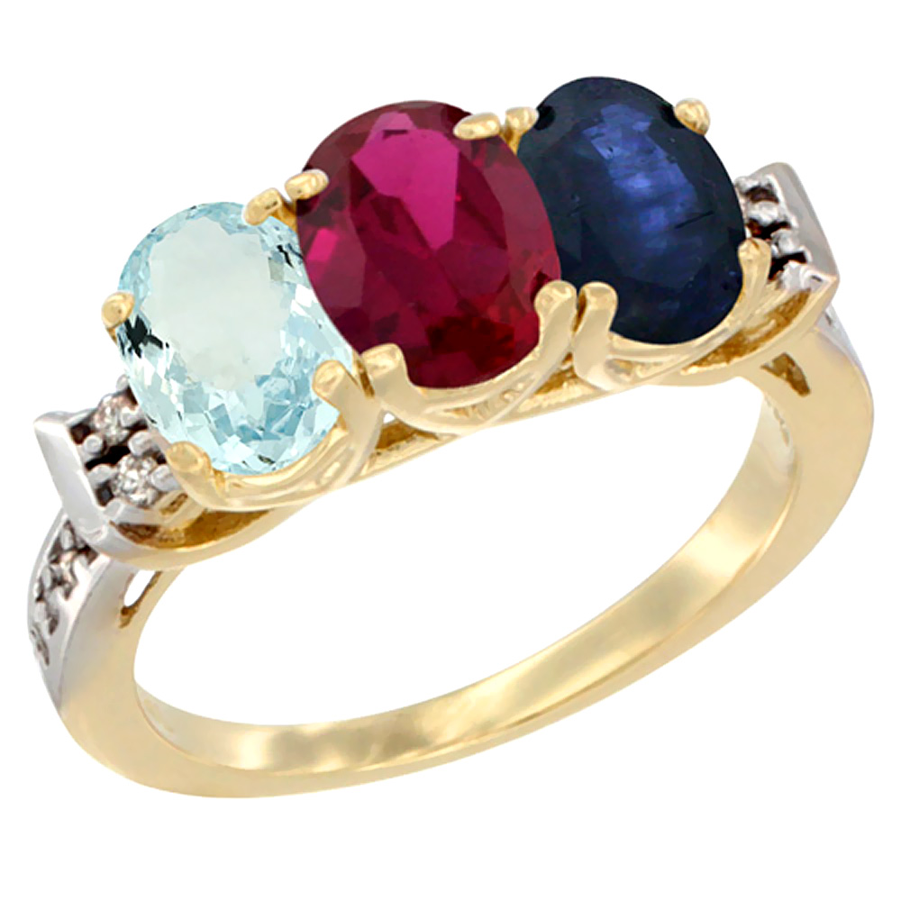 14K Yellow Gold Natural Aquamarine, Enhanced Ruby & Natural Blue Sapphire Ring 3-Stone Oval 7x5 mm Diamond Accent, sizes 5 - 10