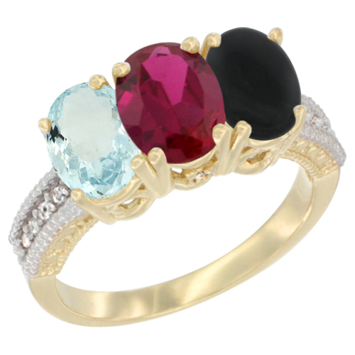 14K Yellow Gold Natural Aquamarine, Enhanced Ruby & Natural Black Onyx Ring 3-Stone Oval 7x5 mm Diamond Accent, sizes 5 - 10