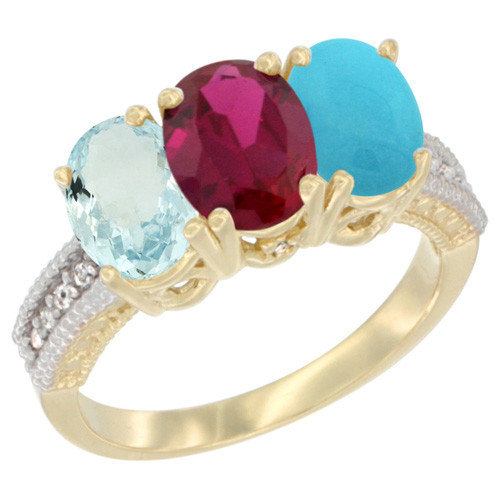 14K Yellow Gold Natural Aquamarine, Enhanced Ruby & Natural Turquoise Ring 3-Stone Oval 7x5 mm Diamond Accent, sizes 5 - 10