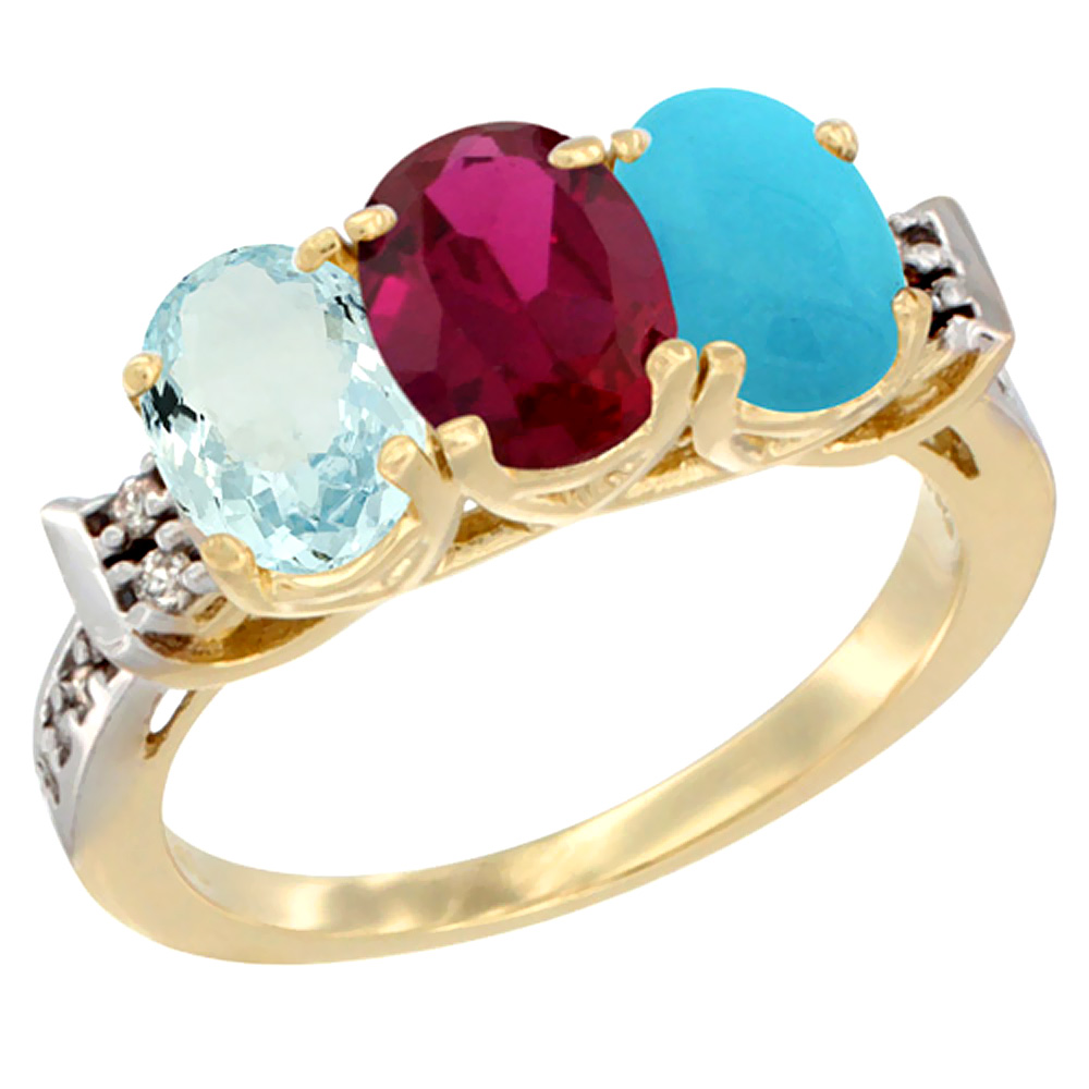14K Yellow Gold Natural Aquamarine, Enhanced Ruby & Natural Turquoise Ring 3-Stone Oval 7x5 mm Diamond Accent, sizes 5 - 10