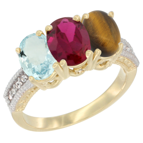 14K Yellow Gold Natural Aquamarine, Enhanced Ruby & Natural Tiger Eye Ring 3-Stone Oval 7x5 mm Diamond Accent, sizes 5 - 10