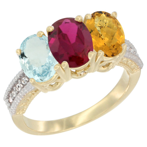 14K Yellow Gold Natural Aquamarine, Enhanced Ruby & Natural Whisky Quartz Ring 3-Stone Oval 7x5 mm Diamond Accent, sizes 5 - 10