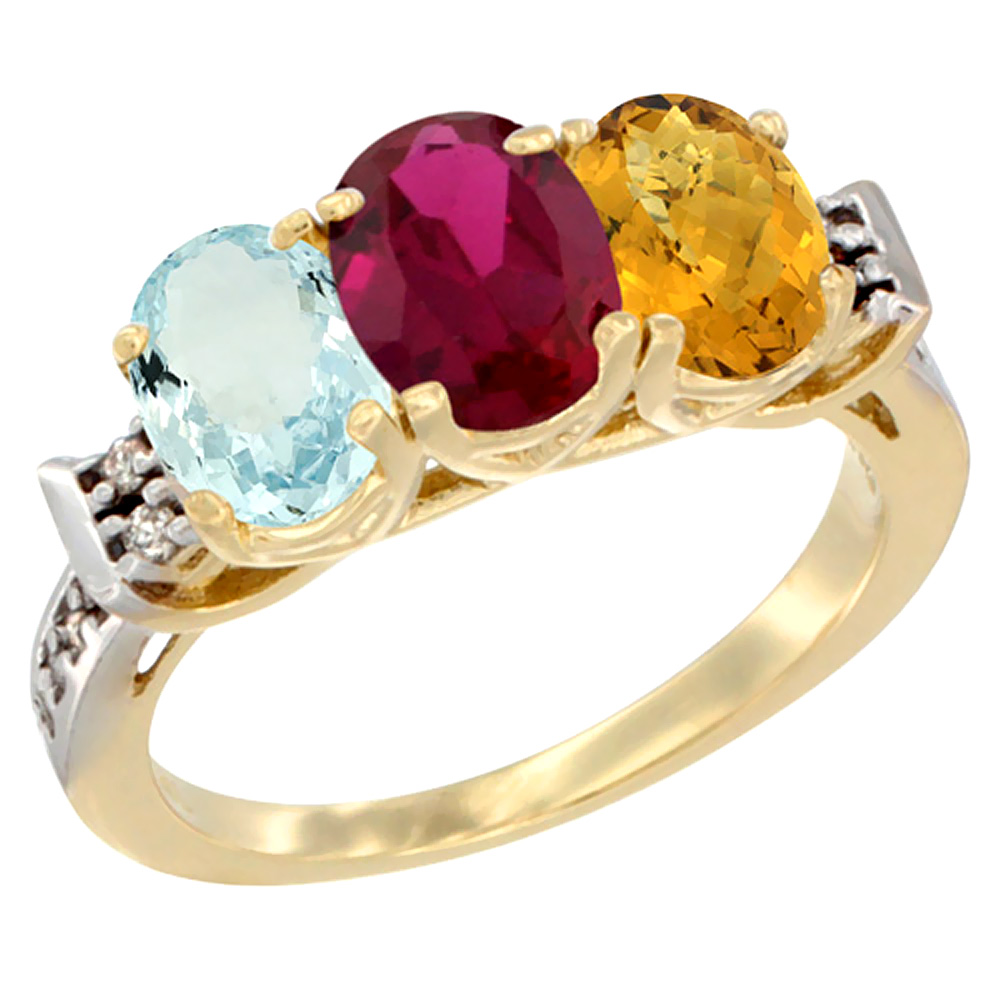 14K Yellow Gold Natural Aquamarine, Enhanced Ruby & Natural Whisky Quartz Ring 3-Stone Oval 7x5 mm Diamond Accent, sizes 5 - 10