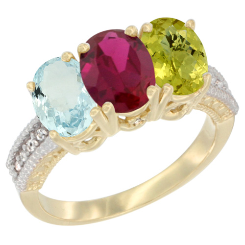 14K Yellow Gold Natural Aquamarine, Enhanced Ruby & Natural Lemon Quartz Ring 3-Stone Oval 7x5 mm Diamond Accent, sizes 5 - 10
