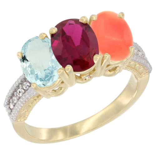 14K Yellow Gold Natural Aquamarine, Enhanced Ruby & Natural Coral Ring 3-Stone Oval 7x5 mm Diamond Accent, sizes 5 - 10