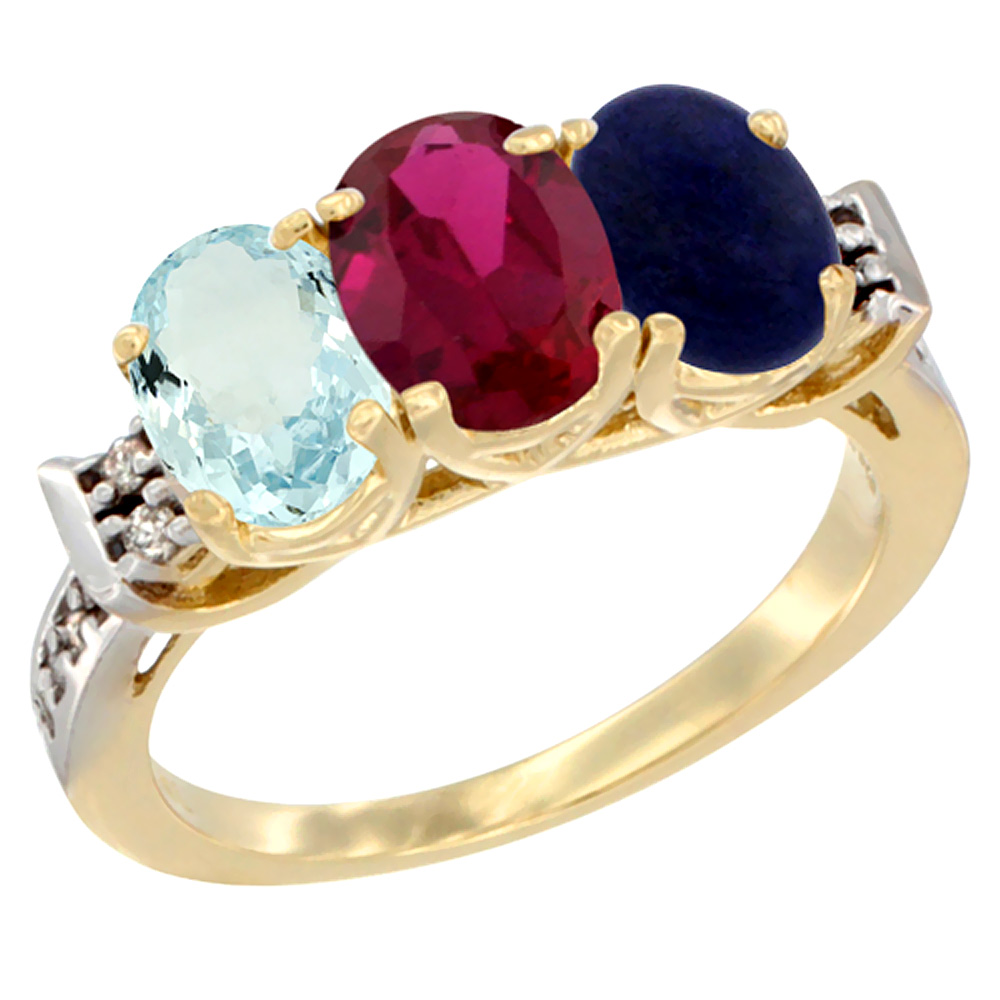 14K Yellow Gold Natural Aquamarine, Enhanced Ruby & Natural Lapis Ring 3-Stone Oval 7x5 mm Diamond Accent, sizes 5 - 10