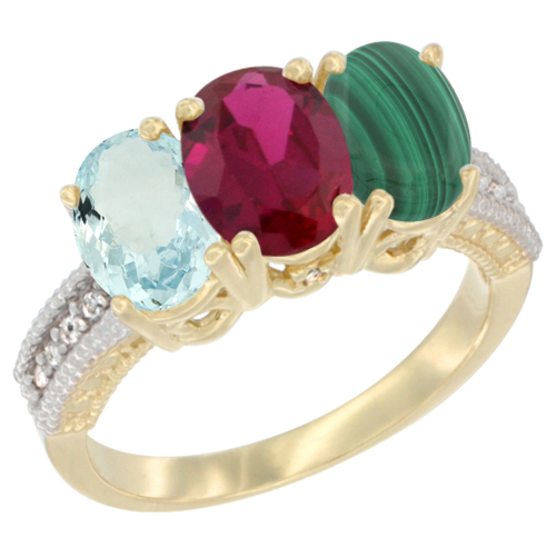 14K Yellow Gold Natural Aquamarine, Enhanced Ruby & Natural Malachite Ring 3-Stone Oval 7x5 mm Diamond Accent, sizes 5 - 10