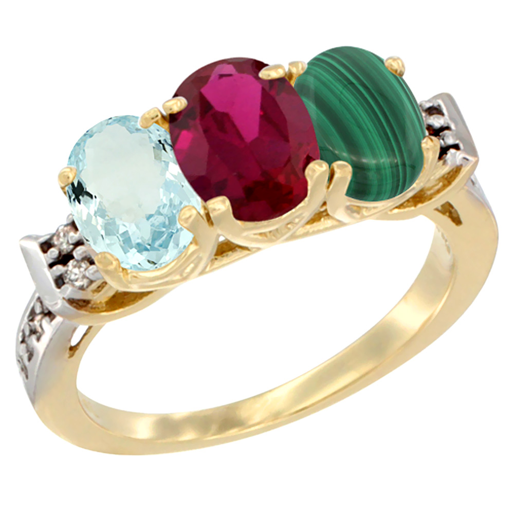 14K Yellow Gold Natural Aquamarine, Enhanced Ruby & Natural Malachite Ring 3-Stone Oval 7x5 mm Diamond Accent, sizes 5 - 10