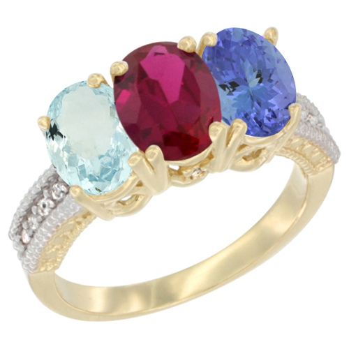 14K Yellow Gold Natural Aquamarine, Enhanced Ruby & Natural Tanzanite Ring 3-Stone Oval 7x5 mm Diamond Accent, sizes 5 - 10