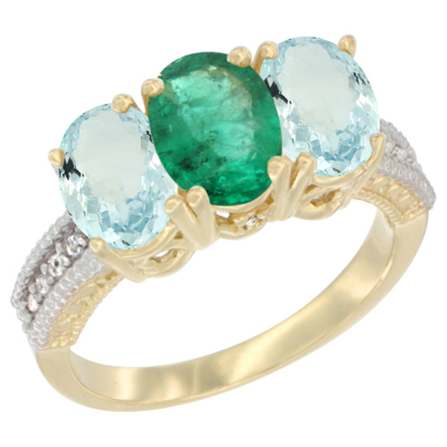 14K Yellow Gold Natural Emerald & Aquamarine Sides Ring 3-Stone Oval 7x5 mm Diamond Accent, sizes 5 - 10
