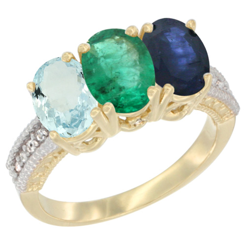 14K Yellow Gold Natural Aquamarine, Emerald & Blue Sapphire Ring 3-Stone Oval 7x5 mm Diamond Accent, sizes 5 - 10