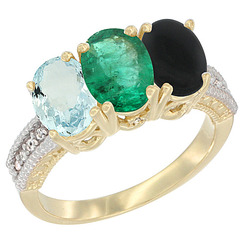 14K Yellow Gold Natural Aquamarine, Emerald & Black Onyx Ring 3-Stone Oval 7x5 mm Diamond Accent, sizes 5 - 10