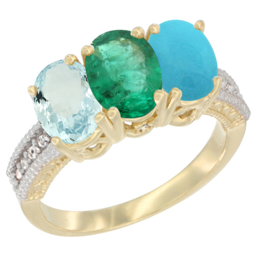 14K Yellow Gold Natural Aquamarine, Emerald & Turquoise Ring 3-Stone Oval 7x5 mm Diamond Accent, sizes 5 - 10