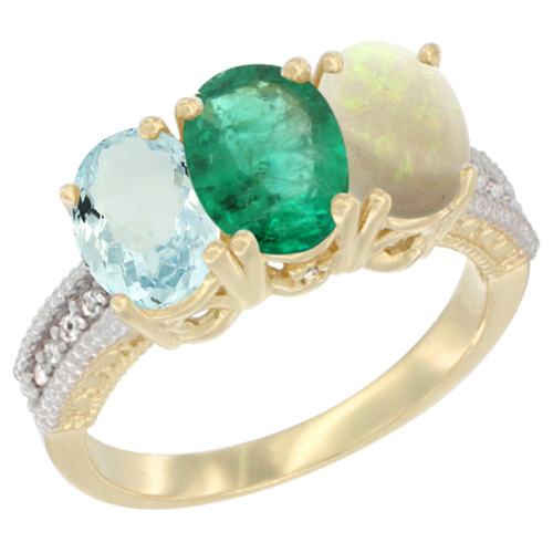 14K Yellow Gold Natural Aquamarine, Emerald & Opal Ring 3-Stone Oval 7x5 mm Diamond Accent, sizes 5 - 10